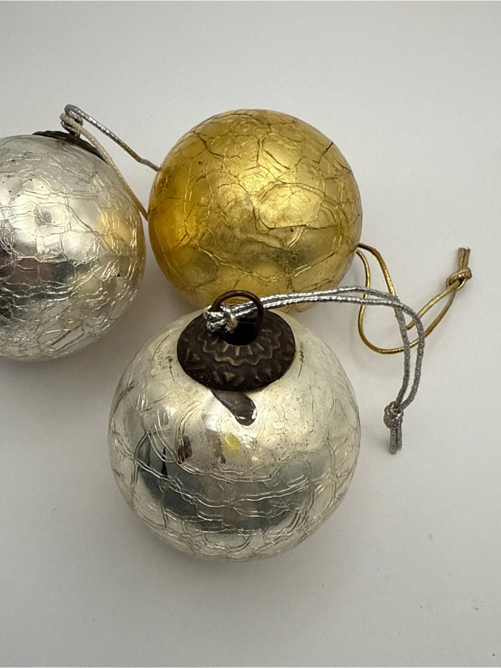 Set of 4 Vintage Metallic Gold & Silver Ornaments, Kugel Style, mercury glass